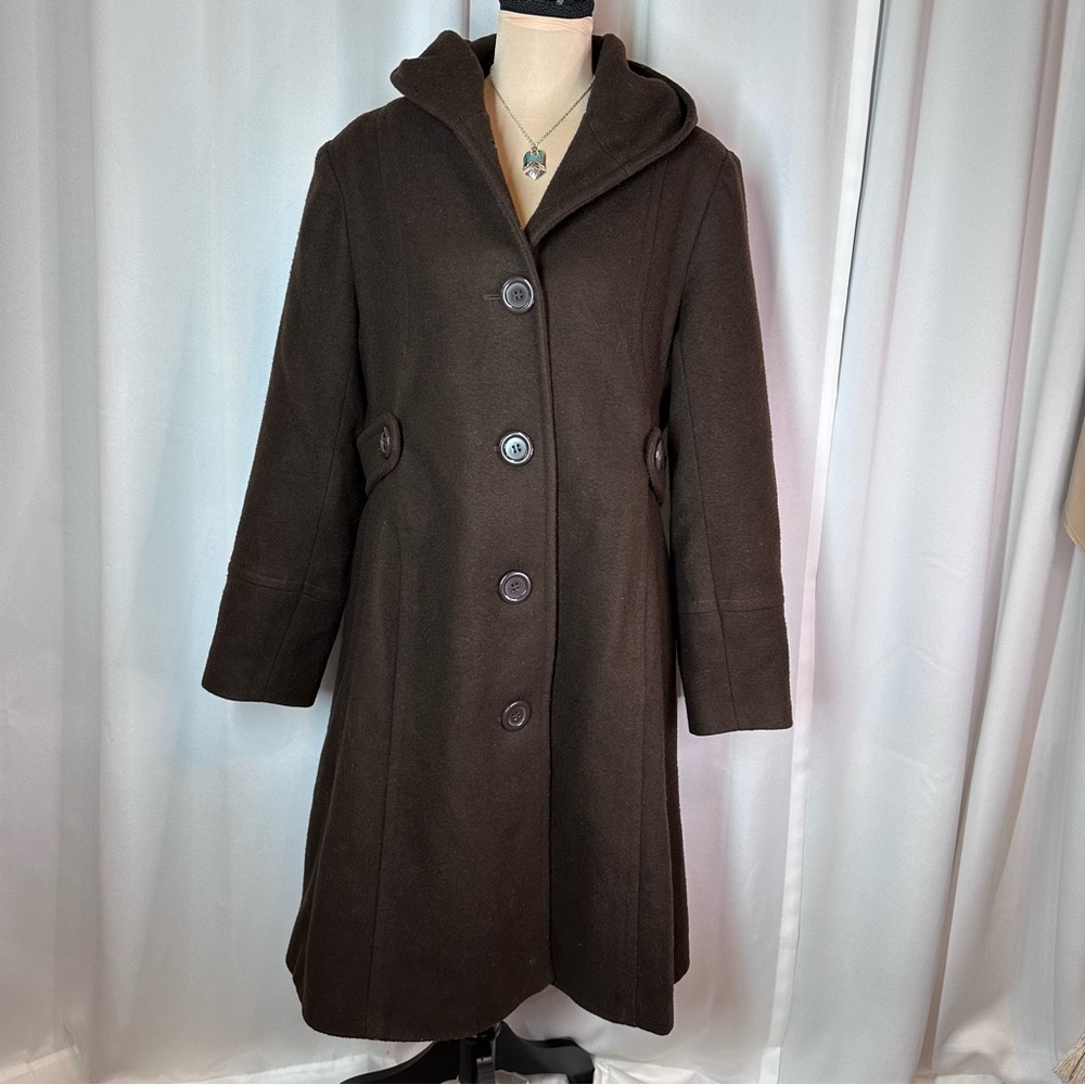 Andrea Brem Vintage Long Chocolate Brown Hooded Wool Duffle Coat Size 14 *READ